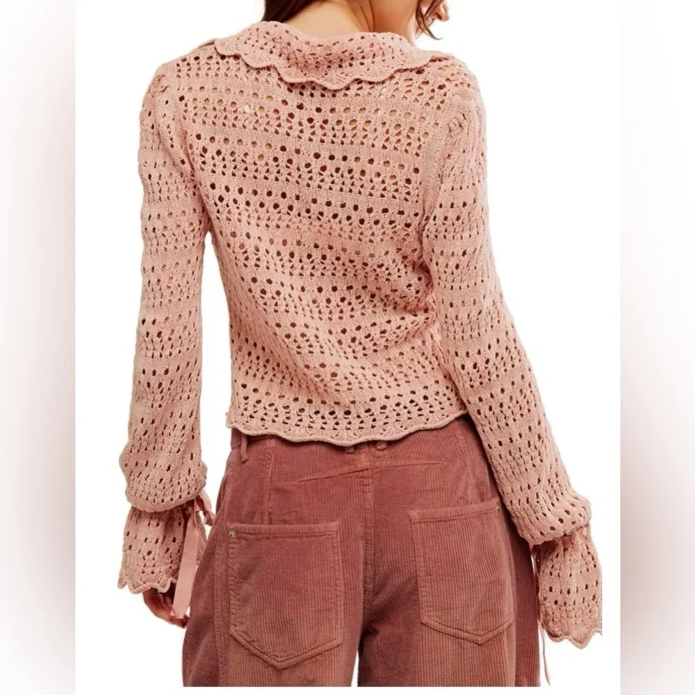 Free People Pointelle Knit Collared Sweater, Mauve Rose, Size M